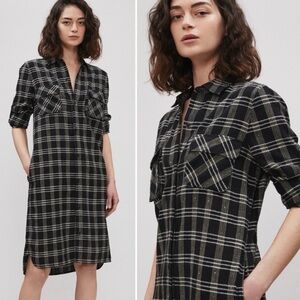 NWT Billy Reid Size XS Fisherman Black Plaid Linen Cotton Blend Shirt Dress
